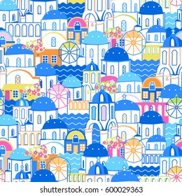 Santorini cityscape seamless pattern. Oia village, Greece. Flat and cartoon linear illustration. Vector