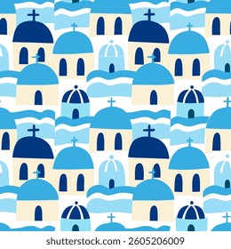  Santorini Dome Buildings Seamless Pattern 