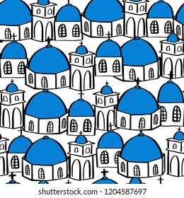 Santorini, famous greece island seamless pattern. Bright cartoon buildings houses and churches in blue and white colors. Vector illustration