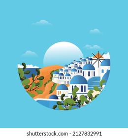 Santorini Greece Aegean Sea View Vacation Travel Tour Circle Emblem