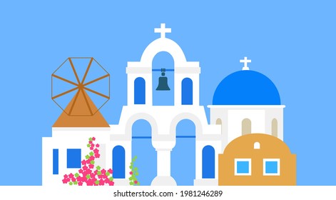 Santorini. Greece. Buildings of architecture. Traditional Greek white houses with blue roofs. Vector flat illustration.