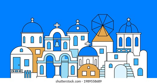 Santorini. Greece. Buildings of traditional architecture. Traditional Greek white houses with blue roofs, churches and mills. Linear flat style. Vector illustration.