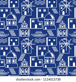 Santorini Greece Island Seamless Pattern. Blue And White Abstract Background. Vector Illustration
