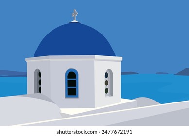 Santorini Greece. Mediterranean Greek architecture with white buildings with blue dome on the seashore. Travel to santorini greece europe vector illustration.