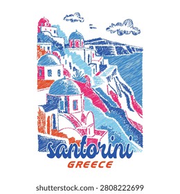 Santorini Greece. Retro abstract hand drawn minimal Santorini greece illustration print for graphic tee t shirt or vintage mediterranean greek.  island landscape, white buildings, blue sea, minimalist souvenir, coastal artwork, retro print
