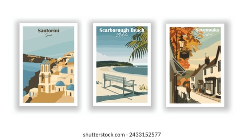 Santorini, Greece. Scarborough Beach, Australia. Sevenoaks, England - Set of 3 Vintage Travel Posters. Vector illustration. High Quality Prints