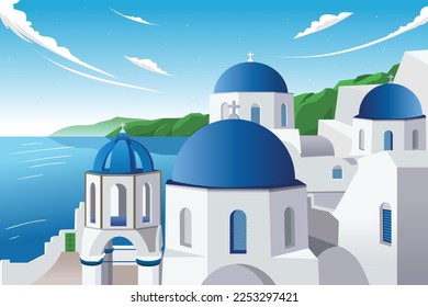 Ilustración del vector de viajes Santorini Grecia. Diseño gráfico de viajes y excursiones para banners y volantes