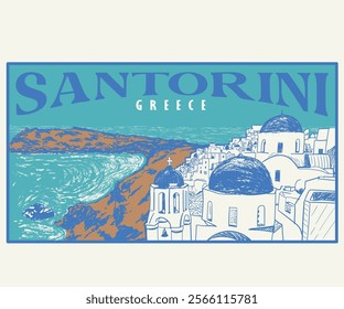 Santorini Greece vector art, Santorini travel poster design, European vacation destination for t shirt, poster, screen print, Hand painted Greek island art   