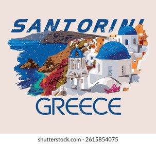 Santorini Greece vector art, Santorini travel poster design, European vacation destination for t shirt, poster, screen print, Hand painted Greek island art. Design element for banner, flyer, T shirt 