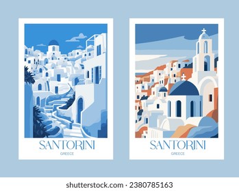 Santorini, banderas vectoriales griegas. Arquitectura griega tradicional. Viajes y turismo. Cartel de viaje de vacaciones