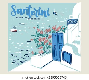 santorini greece vector illustration, greece island summer travel artwork for t shirt, sticker, poster, santorini landscape vector graphics, european holidays