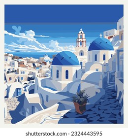 Santorini Greece vector illustration wallpaper stamp