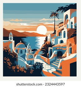 Sello de papel tapiz de la ilustración vectorial de Santorini Grecia