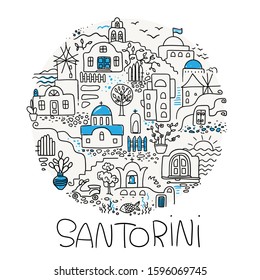 Santorini greece vector sketch logo. Circle composition with landscape elements: houses, domes, stairs. gates. Lines illustration for posters and souvenirs.
