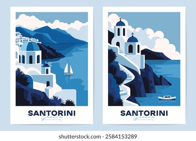 Santorini Greek backgrounds. Abstract Greek posters with traditional Greece architecture, famous white buildings with blue domes. Vector minimalistic banners set