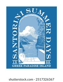 Santorini Greek island vector illustration, summer vacation graphic artwork for t shirt, sticker, print, beach resort holidays design with typography