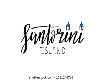 Santorini hand drawn lettering phrase on white background. Logo of greek island in national blue and white colors Vector illustration.