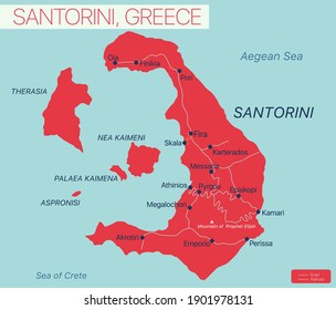 Santorini island detailed editable map with regions cities and towns, roads and railways, geographic sites. Vector EPS-10 file