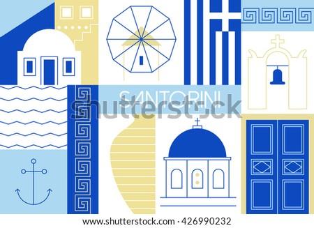 Santorini island flat and linear illustration. Vector illustration with main landmarks and icons. For magazines, web, tourism. Travel to Greece template.