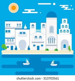 The Santorini Island front view with traditional houses, bells and church. Fully editable vector illustration. Perfect for romantic postcards and flayers. 