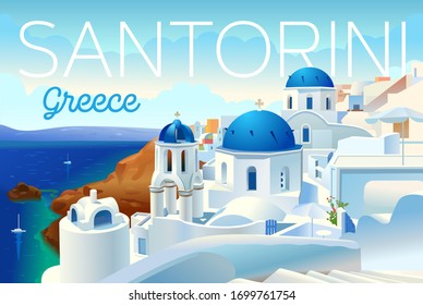 Santorini island, Greece. Beautiful traditional white architecture and Greek Orthodox churches with blue domes over the caldera, Aegean Sea. Scenic travel background. Advertising card, flyer, vector