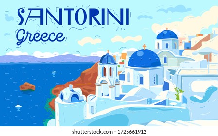 Santorini island, Greece. Beautiful traditional white architecture and Greek Orthodox churches with blue domes over the caldera, Aegean Sea. Scenic travel background. Flat vector illustration