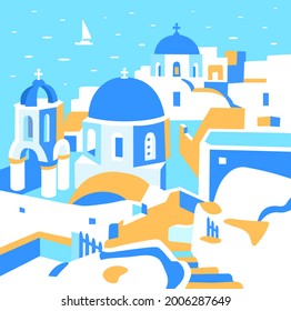 Santorini island, Greece. Beautiful traditional white architecture and Greek Orthodox churches with blue domes over the Aegean caldera. Vector flat illustration. Square advertising postcard.