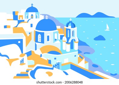 Santorini island, Greece. Beautiful traditional white architecture and Greek Orthodox churches with blue domes over the Aegean caldera. Sailboat on the sea. Vector flat illustration. Rectangular adver