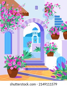 Santorini island, Greece. Beautiful traditional white architecture and Greek Orthodox churches with blue domes and flowers. Scenic travel background. Advertising card, flyer, vector