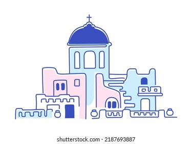 Isla Santorini, Grecia. Hermosa arquitectura tradicional e iglesias ortodoxas griegas. El mar Egeo. Tarjeta de publicidad, volante. Ilustración lineal vectorial en estilo doodle