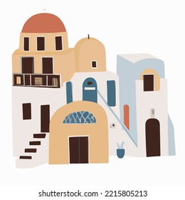 Santorini island, Greece. Beautiful traditional white architecture and traditional houses and churches with Blue domes over the Aegean caldera. Vector flat illustration.