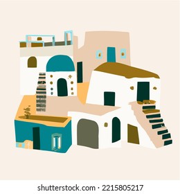 Isla Santorini, Grecia. Hermosa arquitectura blanca tradicional y casas e iglesias tradicionales con cúpulas azules sobre la caldera del Egeo. Ilustración plana vectorial.