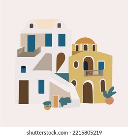 Santorini island, Greece. Beautiful traditional white architecture and traditional houses and churches with Blue domes over the Aegean caldera. Vector flat illustration.