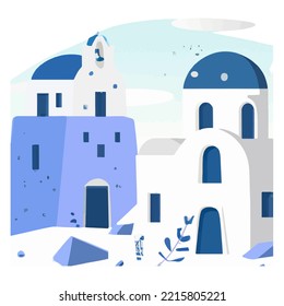 Isla Santorini, Grecia. Hermosa arquitectura blanca tradicional y casas e iglesias tradicionales con cúpulas azules sobre la caldera del Egeo. Ilustración plana vectorial.