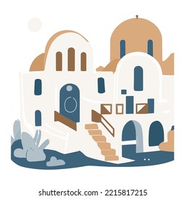 Isla Santorini, Grecia. Hermosa arquitectura blanca tradicional y casas e iglesias tradicionales con cúpulas azules sobre la caldera del Egeo. Ilustración plana vectorial.