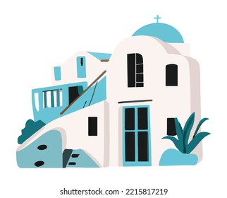 Isla Santorini, Grecia. Hermosa arquitectura blanca tradicional y casas e iglesias tradicionales con cúpulas azules sobre la caldera del Egeo. Ilustración plana vectorial.