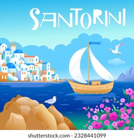 Santorini island, Greece. Beautiful traditional white architecture and blue domed Greek Orthodox churches over the caldera. Sailing boat on the sea. Scenic travel background. Vector illustrations