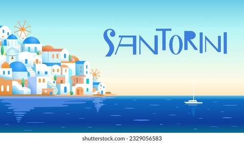 Santorini island, Greece. Beautiful traditional white architecture and blue domed Greek Orthodox churches over the caldera. Scenic travel background. Vector illustrations in wide format.