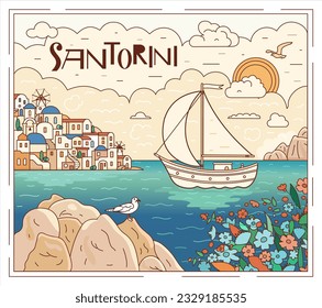 Santorini island, Greece. Beautiful traditional white architecture and blue domed Greek Orthodox churches over the caldera. Sailing boat at sea. Vector illustration in doodle style.