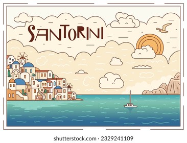 Santorini island, Greece. Beautiful traditional white architecture and blue domed Greek Orthodox churches over the caldera. Wide format. Vector illustration in doodle style.