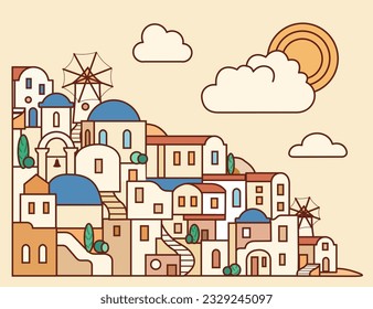 Santorini island, Greece. Beautiful traditional white architecture and blue domed Greek Orthodox churches over the caldera. Vector flat illustration in doodle style.