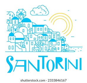 Isla Santorini, Grecia. Hermosa arquitectura blanca tradicional e iglesias ortodoxas griegas con cúpula azul sobre la caldera. Ilustración plana vectorial en estilo doodle.