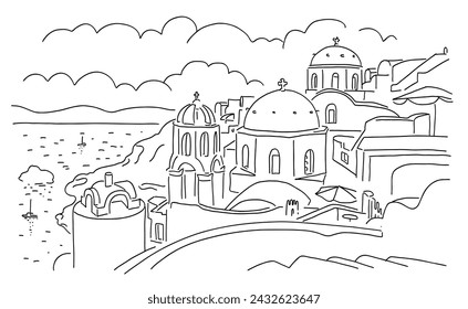 Santorini island, Greece. Beautiful traditional white architecture and Greek Orthodox churches with blue domes over the caldera, Aegean Sea. Linear head illustration