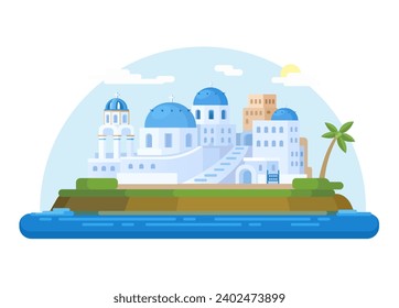 Santorini Island, Greece. Blue Domes Churches And Traditional House Flat Cartoon illustration Vector