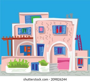 Santorini island, Greece - facade - cartoon