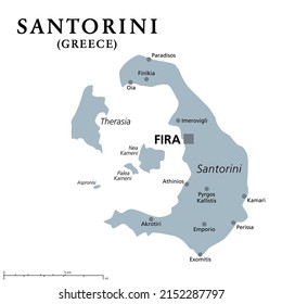 Santorini, an island of Greece, gray political map. Officially Thira and classical Greek Thera. Archipelago and remnant of a caldera in the Aegean Sea, and the southernmost member of the Cyclades. 