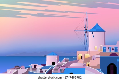 Santorini island. Greece landscape. Dawn in the old town. Sea, mountains, windmill and houses. Vector illustration