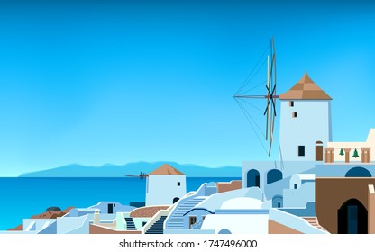 Santorini island. Greece landscape. Od town in spring or summer. Sea, mountains, windmill and houses. Vector illustration