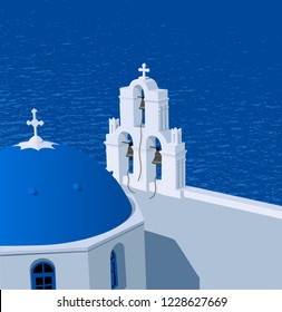 Santorini island, Greece. Three bells of Fira church.