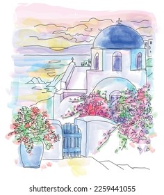 Santorini island, Greece. Traditional and famous white houses and churches with blue domes. watercolor illustration for social media, poster, magazine